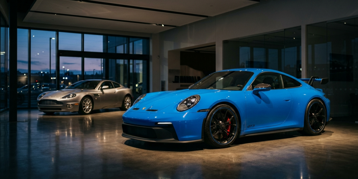 Porsche 911 GT3 992 in exotic dealership showroom next to unsold Aston Martin Vanquish