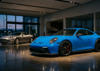 Porsche 911 GT3 992 in exotic dealership showroom next to unsold Aston Martin Vanquish