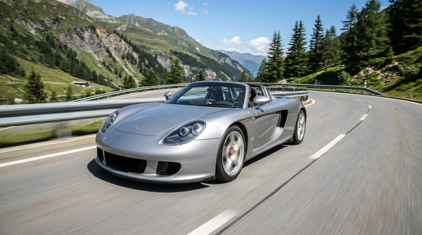 Porsche Carrera GT driving through an alpine corner with the top removed