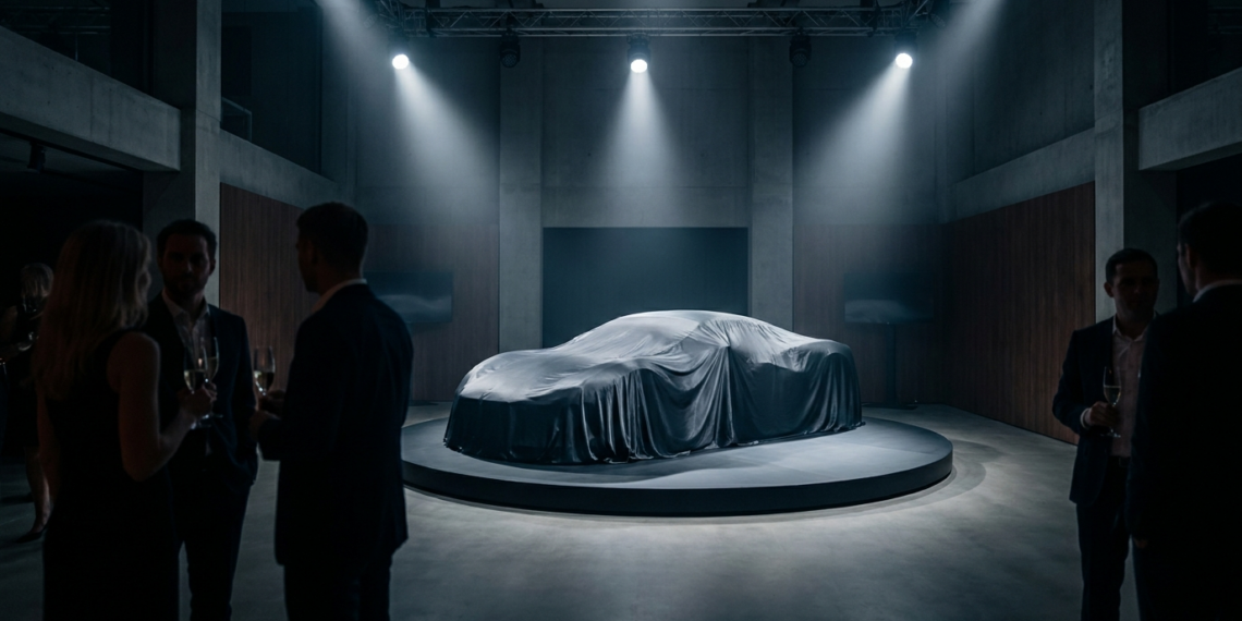Covered hypercar at a private client unveiling event, illustrating why hypercars sell out before reveal
