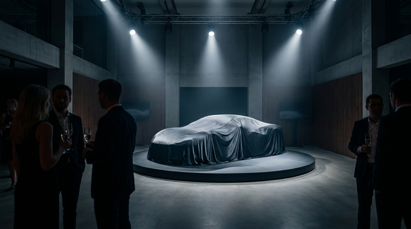 Covered hypercar at a private client unveiling event, illustrating why hypercars sell out before reveal