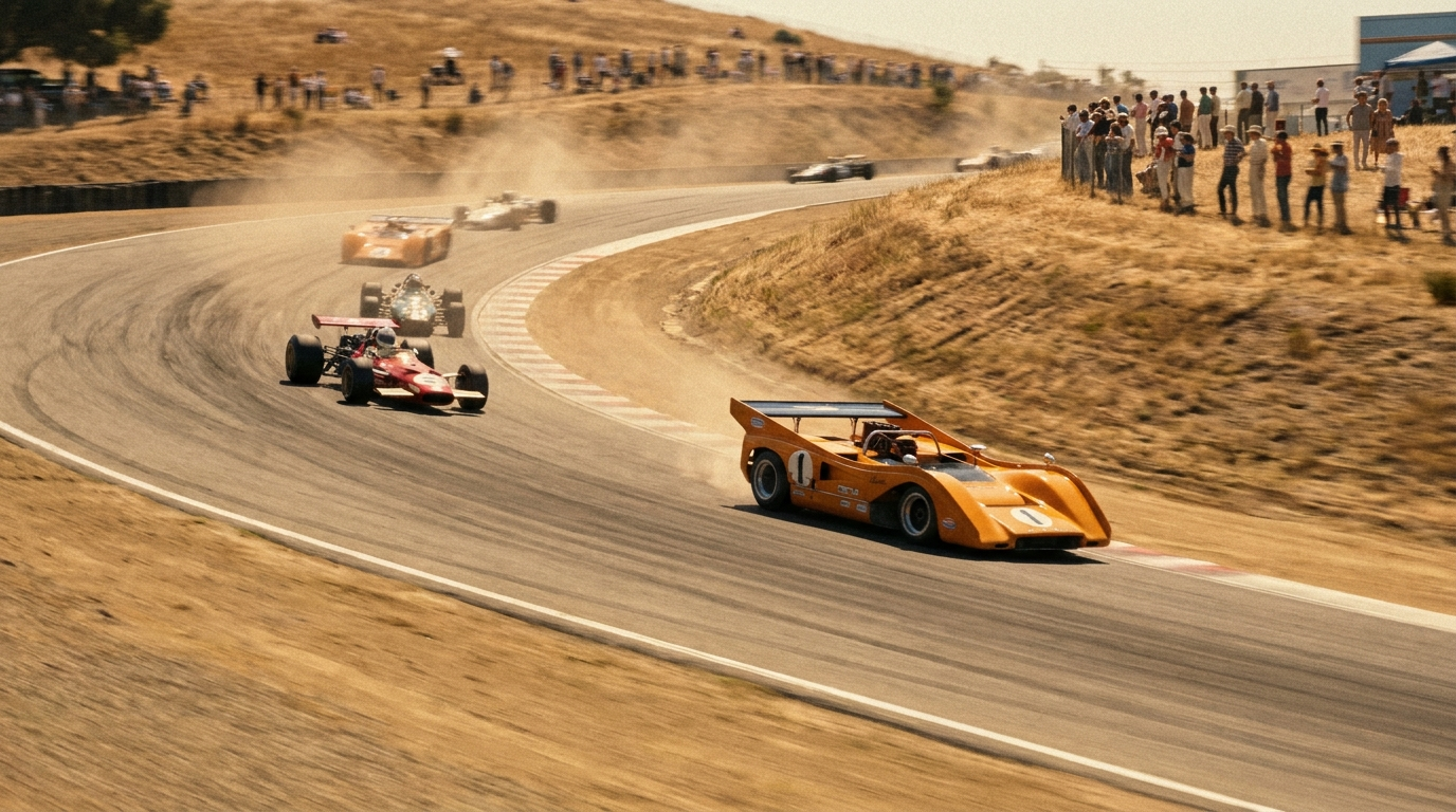 Historic race cars descending the Corkscrew at WeatherTech Raceway Laguna Seca during the Rolex Monterey Motorsports Reunion