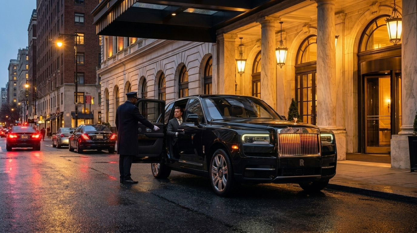 Rolls-Royce Cullinan Series II with illuminated grille at a hotel entrance at night