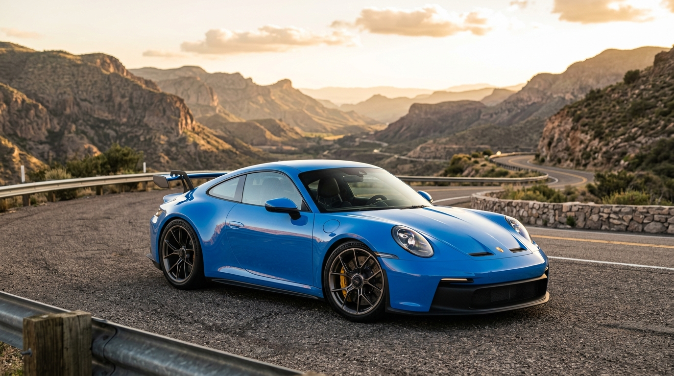 Shark Blue Porsche 911 GT3 992 with fixed rear wing on a canyon road at golden hour