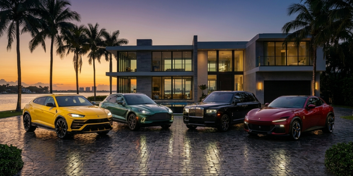Urus vs DBX vs Cullinan vs Purosangue — 2026 super-SUV comparison lineup at dusk