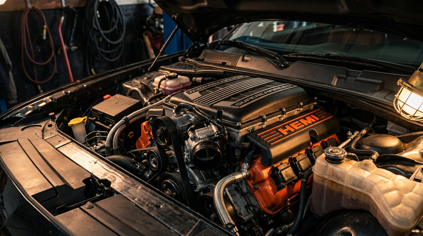 Supercharged 6.2-liter Hellcat Hemi V8 engine bay under dramatic workshop lighting