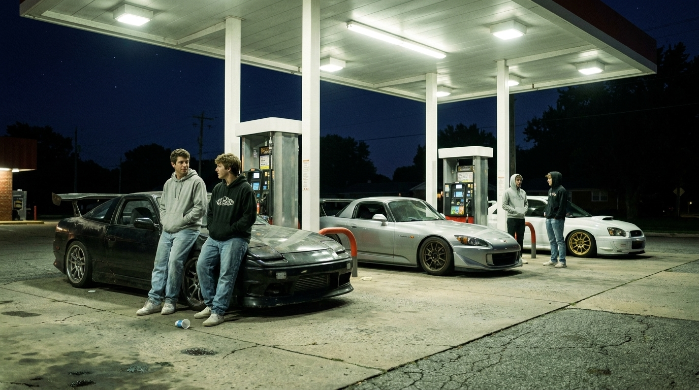 Modified early-2000s Japanese sports coupes at a gas station at night — the affordable end of the JDM collector car market