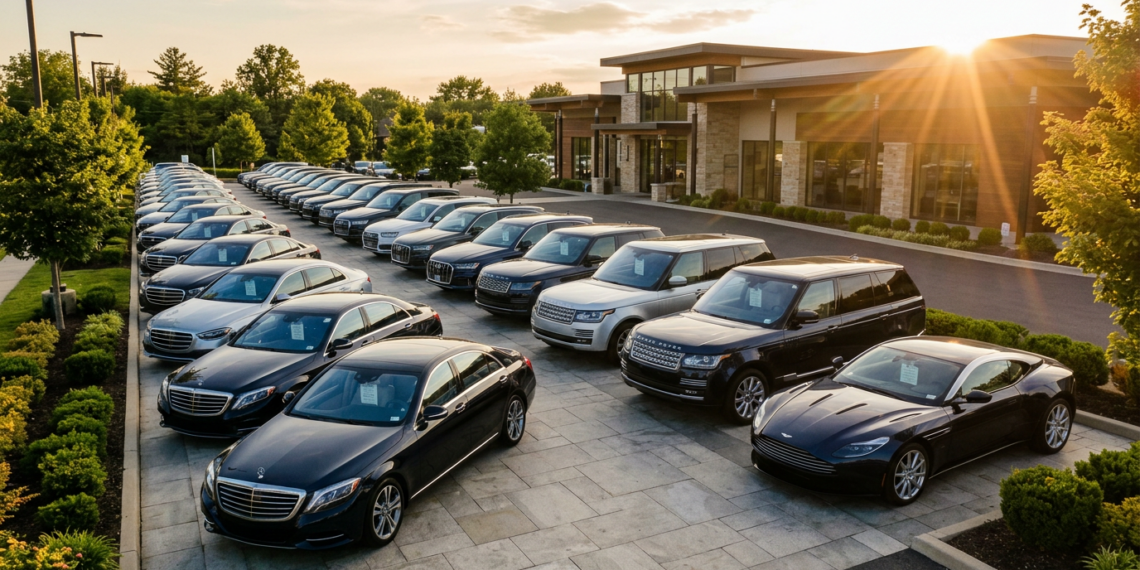Row of pre-owned luxury sedans, SUVs, and a grand tourer with pricing placards at an upscale dealership in 2026