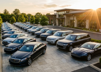 Row of pre-owned luxury sedans, SUVs, and a grand tourer with pricing placards at an upscale dealership in 2026