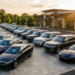Row of pre-owned luxury sedans, SUVs, and a grand tourer with pricing placards at an upscale dealership in 2026