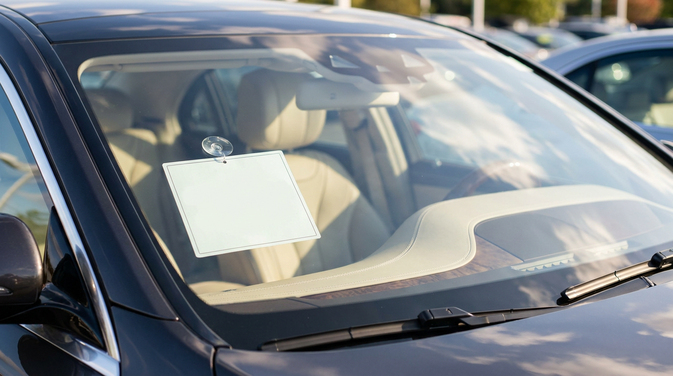 Windshield pricing placard on a pre-owned luxury sedan — part of why used cars are so expensive in 2026