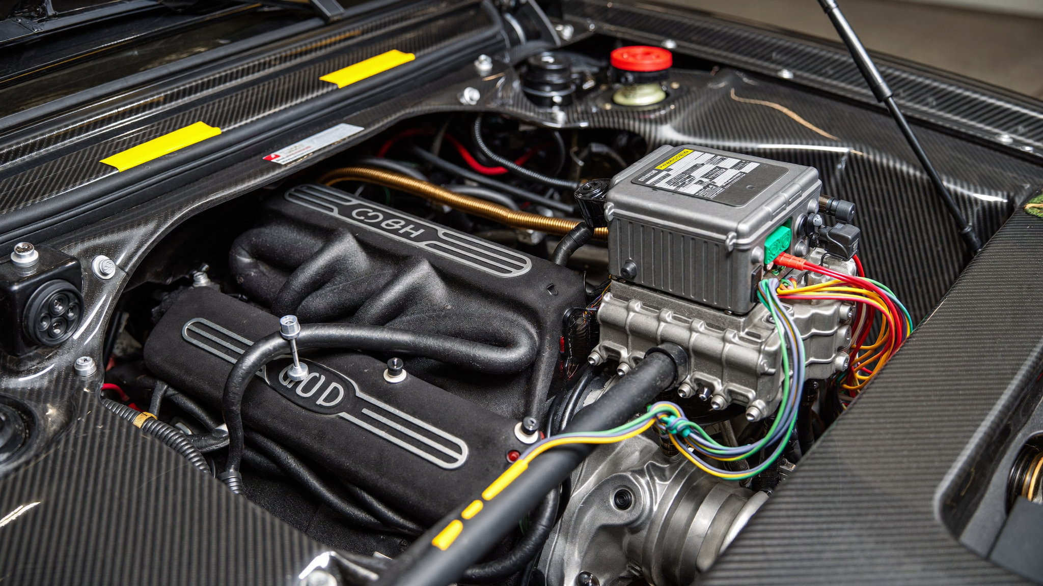 Performance engine bay with 48V electric supercharger and wiring harness