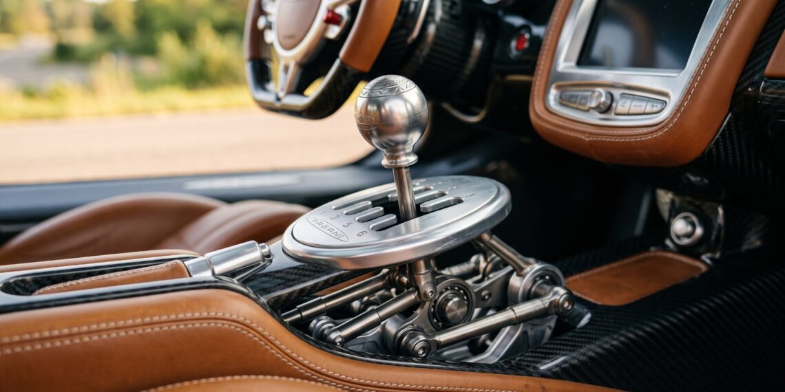 Gated manual shifter with exposed linkage in a modern hypercar interior, the signature of the analog comeback