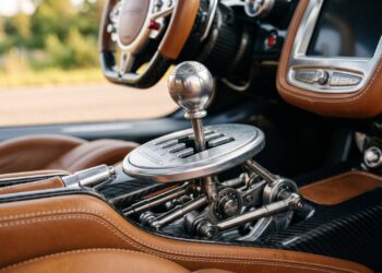 Gated manual shifter with exposed linkage in a modern hypercar interior, the signature of the analog comeback
