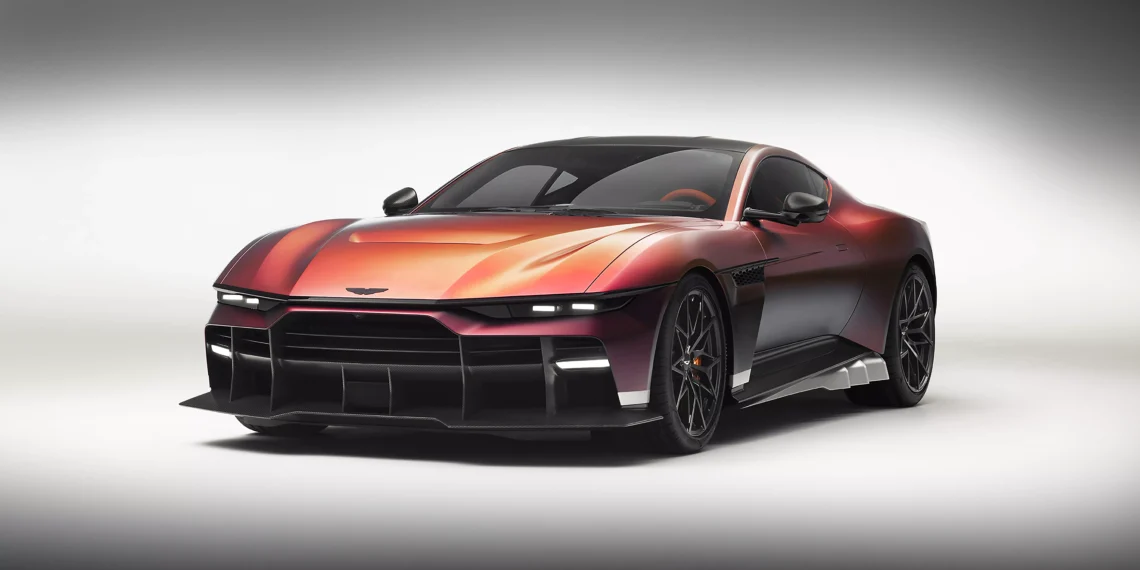 Aston Martin Valen in Satin Andromeda Red, front three-quarter studio view