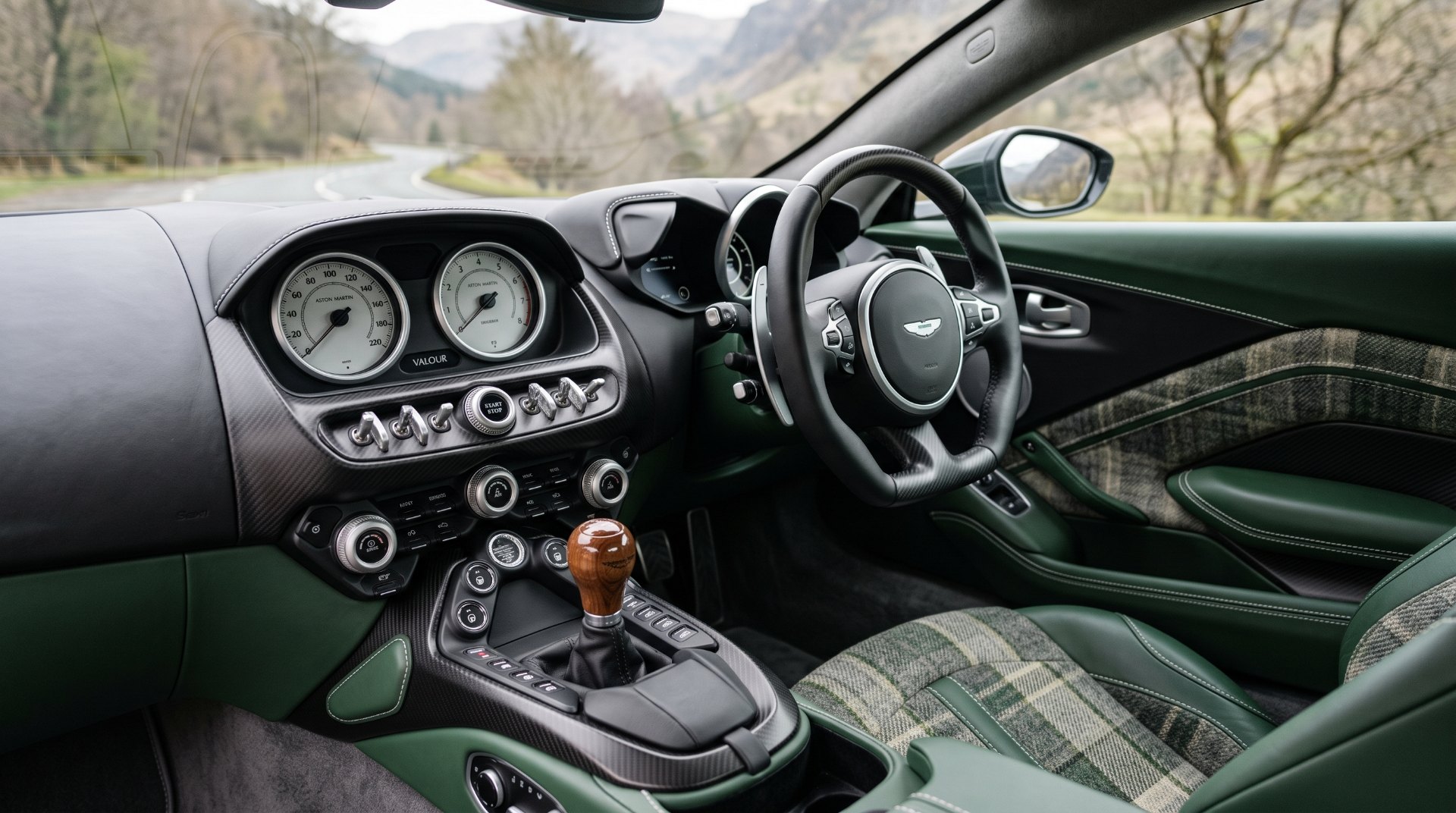 Aston Martin Valour analog cockpit with physical switches, walnut manual shifter and no touchscreen