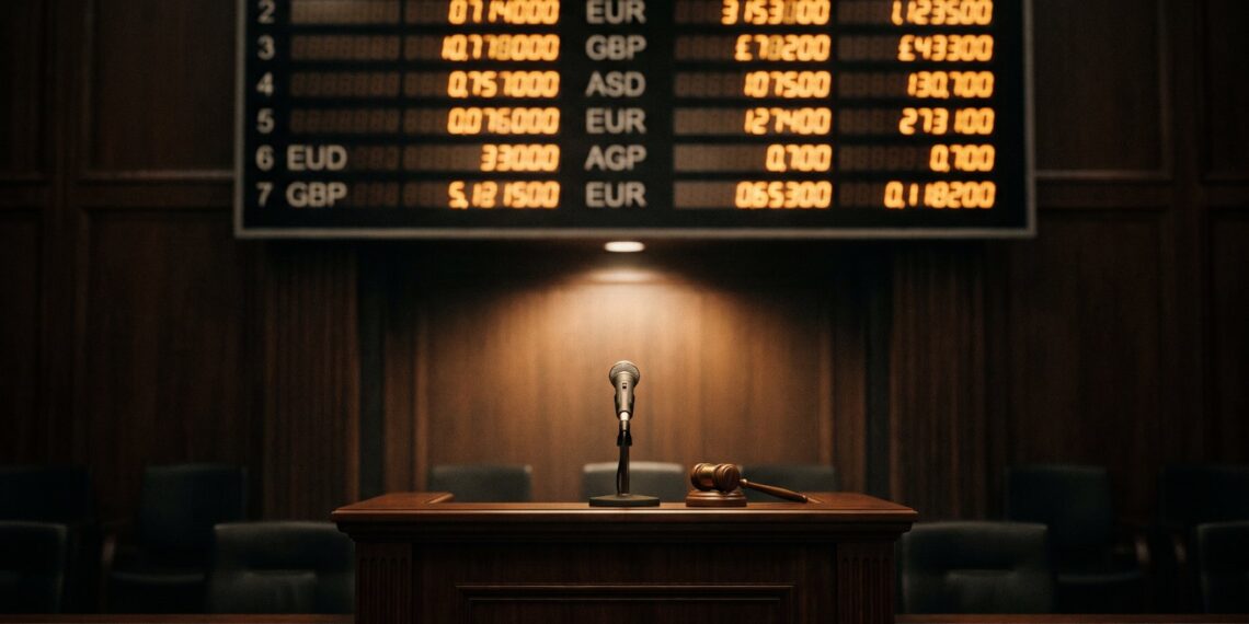 Illuminated auction bid board above a rostrum showing currency columns, illustrating the Ferrari hypercar auction market