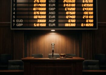 Illuminated auction bid board above a rostrum showing currency columns, illustrating the Ferrari hypercar auction market