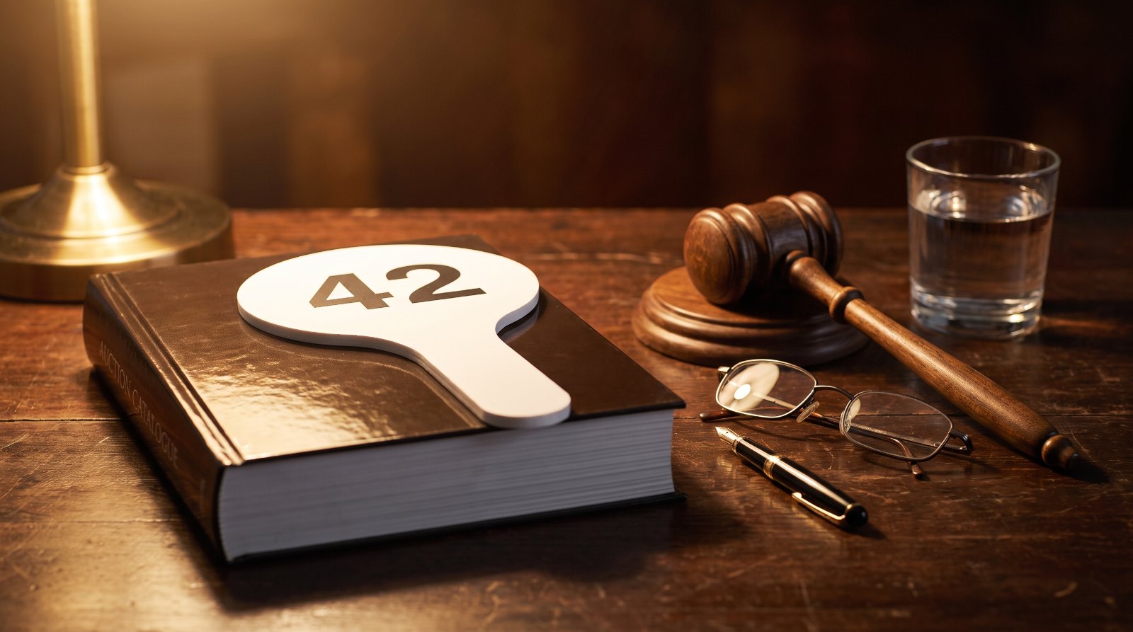 Auction catalogue, numbered bidding paddle and gavel on a dark wooden table under warm lamp light