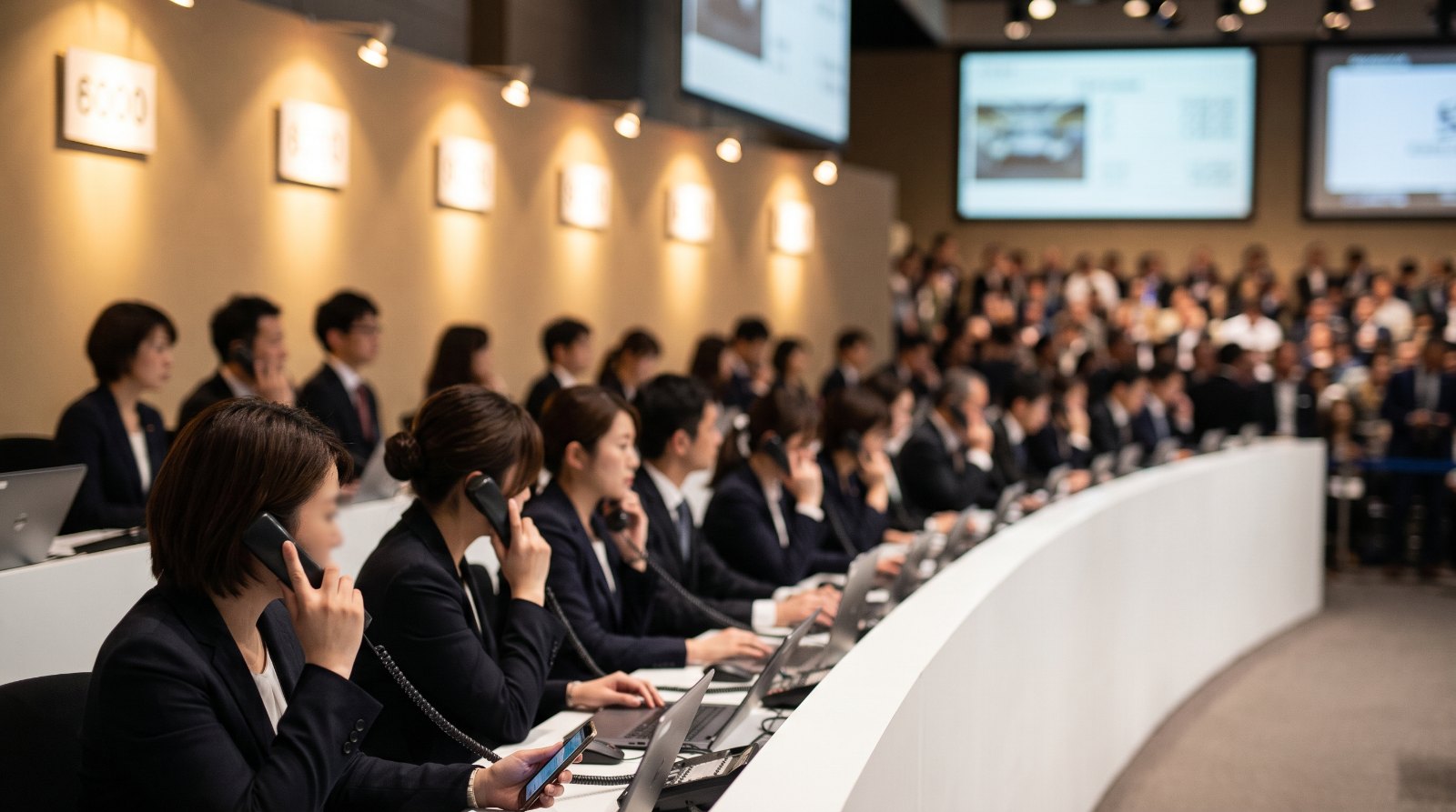Bank of telephone bidding staff at a high-end collector car auction, shot from behind