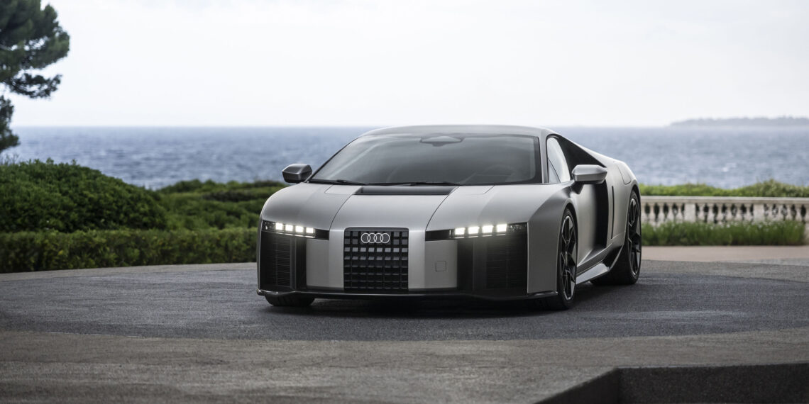 Audi Nuvolari supercar in Titanium paint, outdoor three-quarter front view