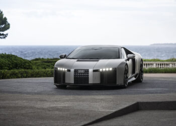 Audi Nuvolari supercar in Titanium paint, outdoor three-quarter front view