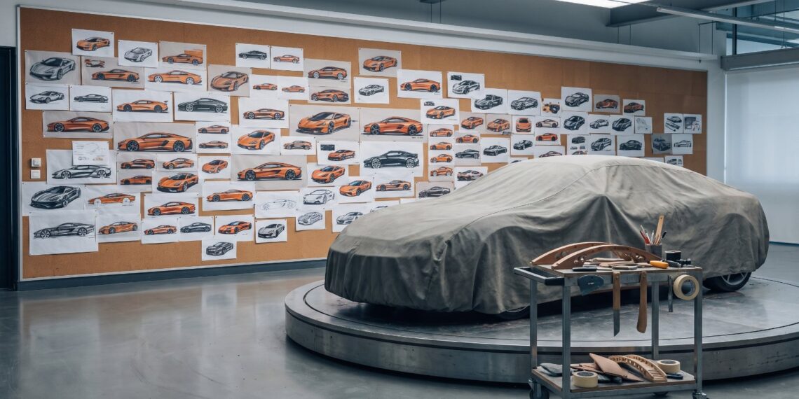 Automotive design studio with a wall of sports car profile sketches and a covered full-size clay model on a turntable