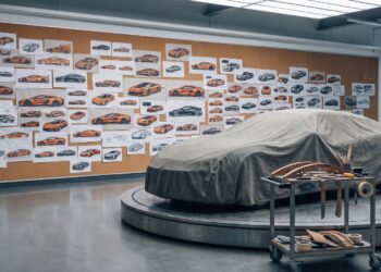Automotive design studio with a wall of sports car profile sketches and a covered full-size clay model on a turntable