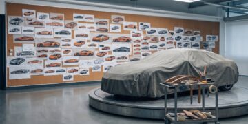 Automotive design studio with a wall of sports car profile sketches and a covered full-size clay model on a turntable