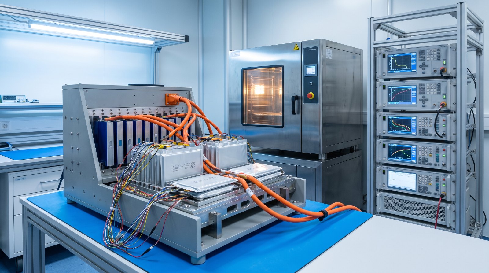 Battery cells clamped in a laboratory test rig with orange high-voltage cabling and monitoring electronics