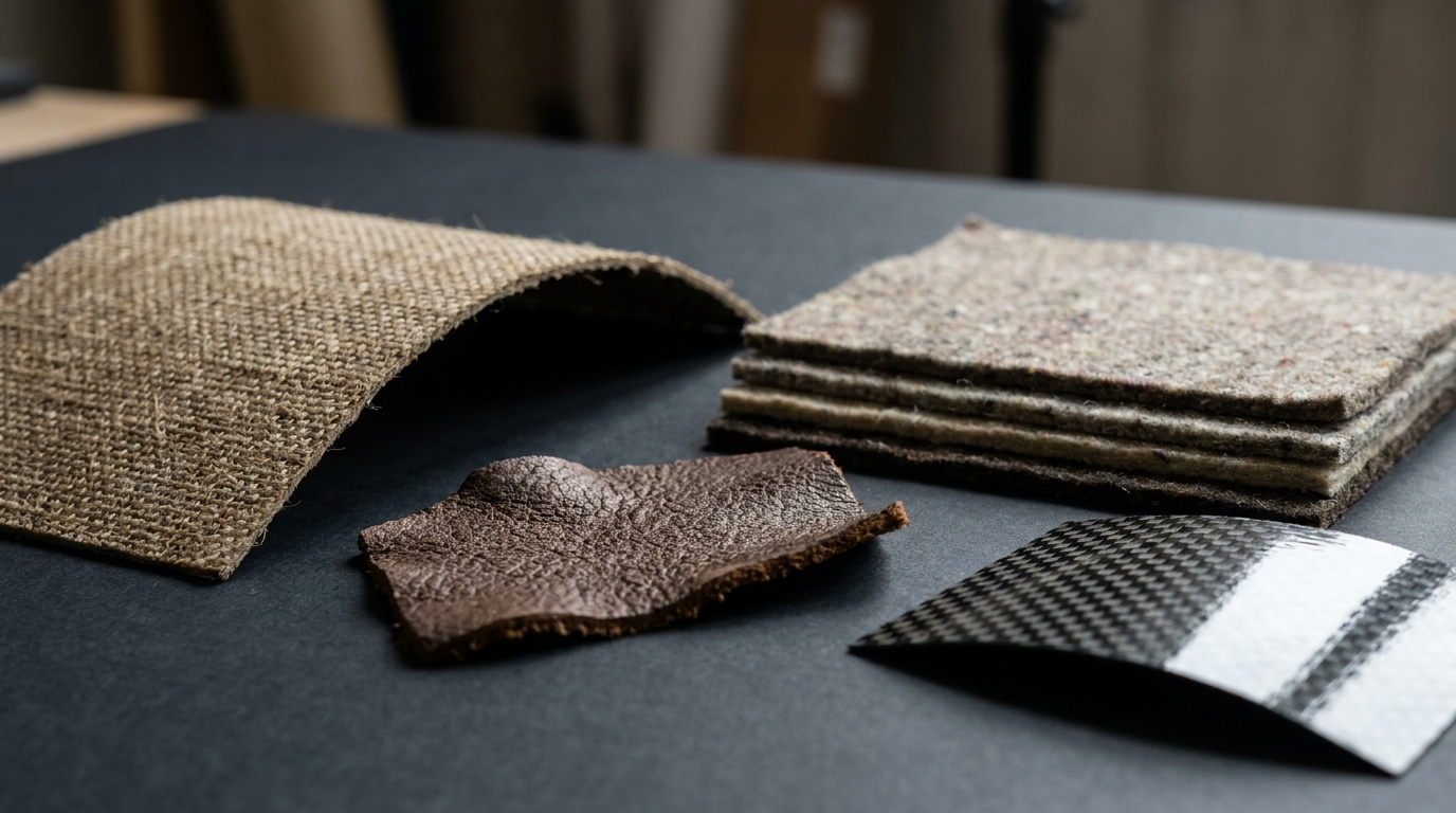 Biodegradable materials for supercar interiors — flax composite, recycled wool and bio-leather samples