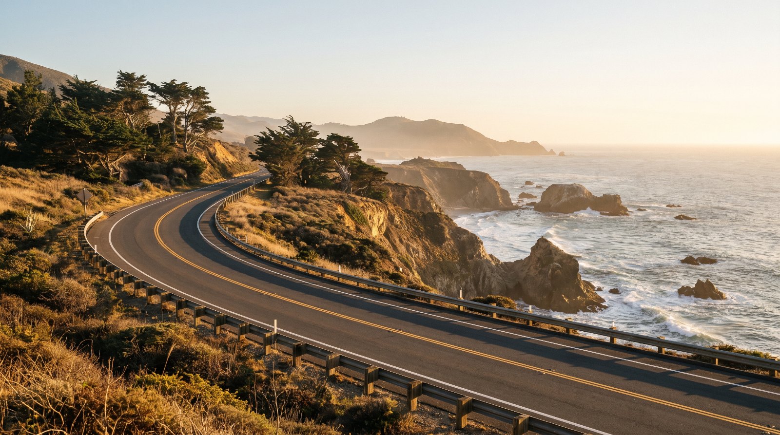 Empty two-lane California coastal highway curving along cliffs above the Pacific at golden hour