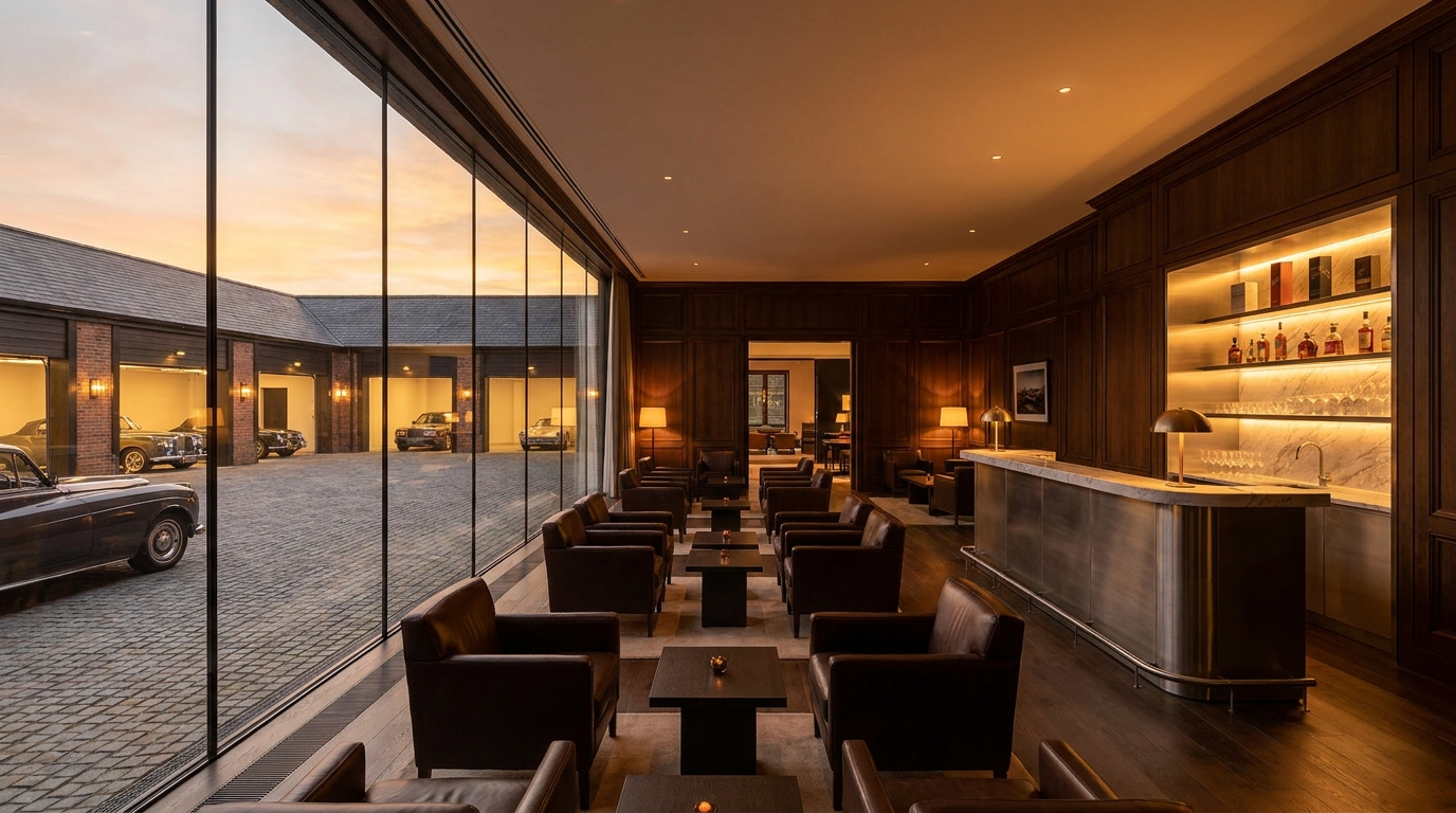 Members-only clubhouse lounge at a car condo community