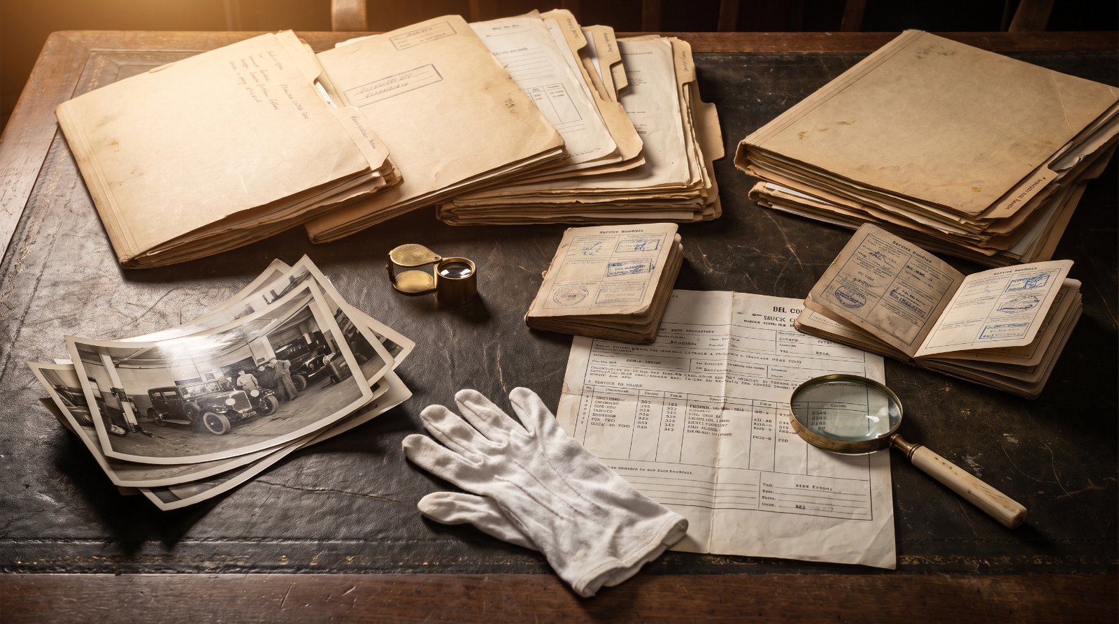 Car provenance history file with folders, period photographs, build sheet, loupe and inspection gloves on a desk