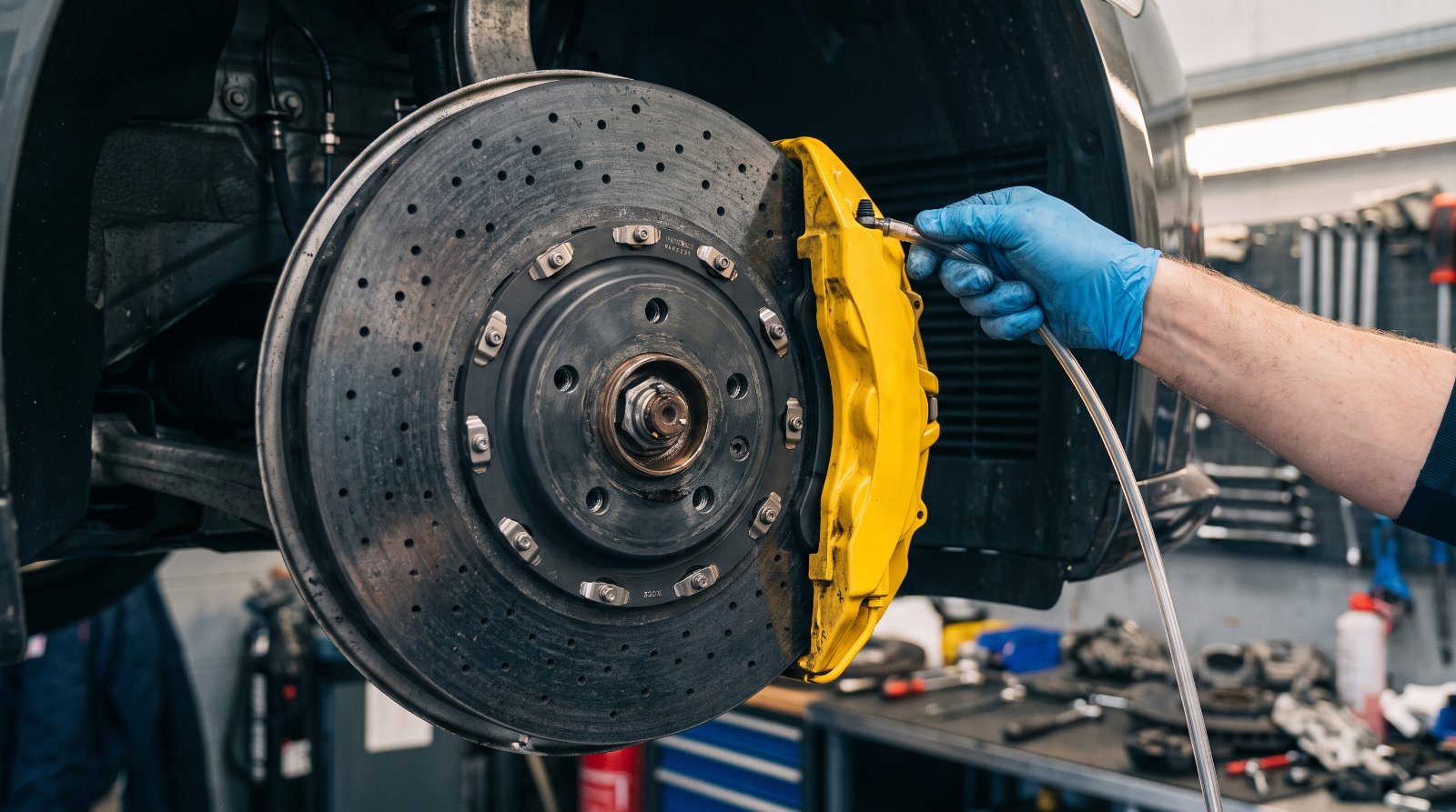 Carbon-ceramic brake rotor and caliper being bled with fresh brake fluid