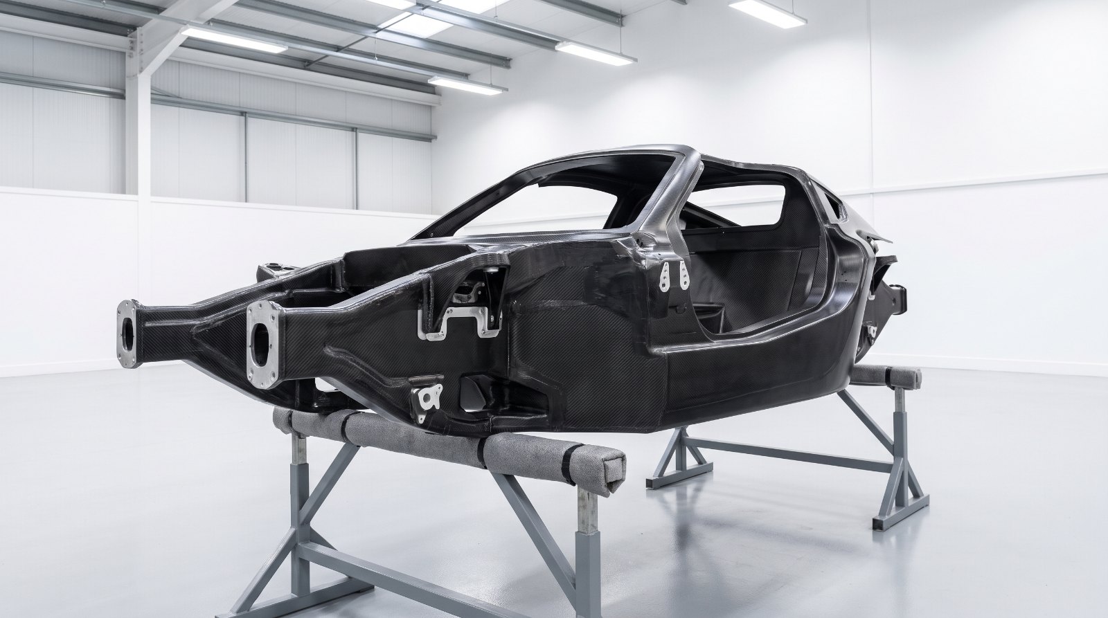 Bare carbon fibre monocoque chassis tub on trestles in a composites workshop