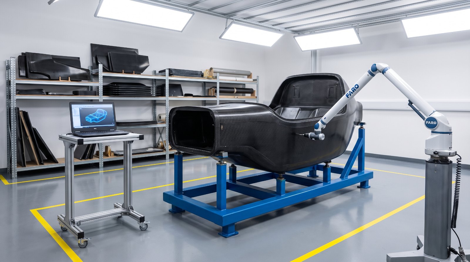 Bare carbon fibre monocoque on a steel inspection jig with a coordinate measuring arm in a prototype development bay