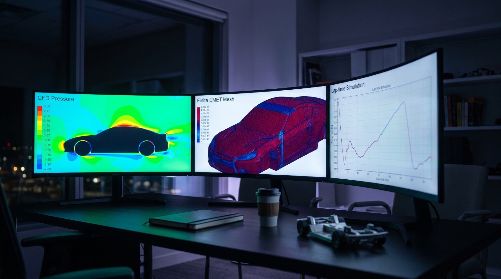 Engineering workstation showing computational fluid dynamics pressure plots and a finite element stress mesh