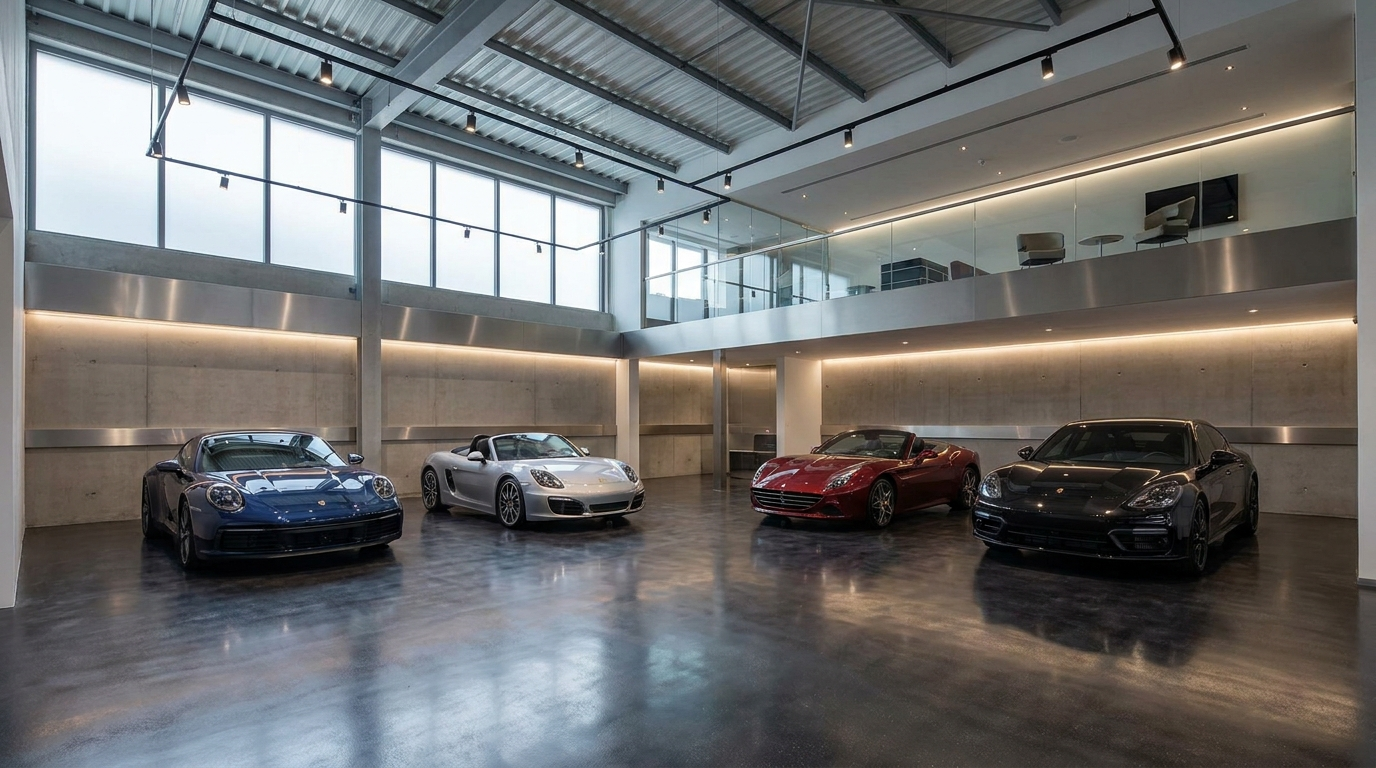 Interior of a collector car condo suite with high ceilings and a finished mezzanine