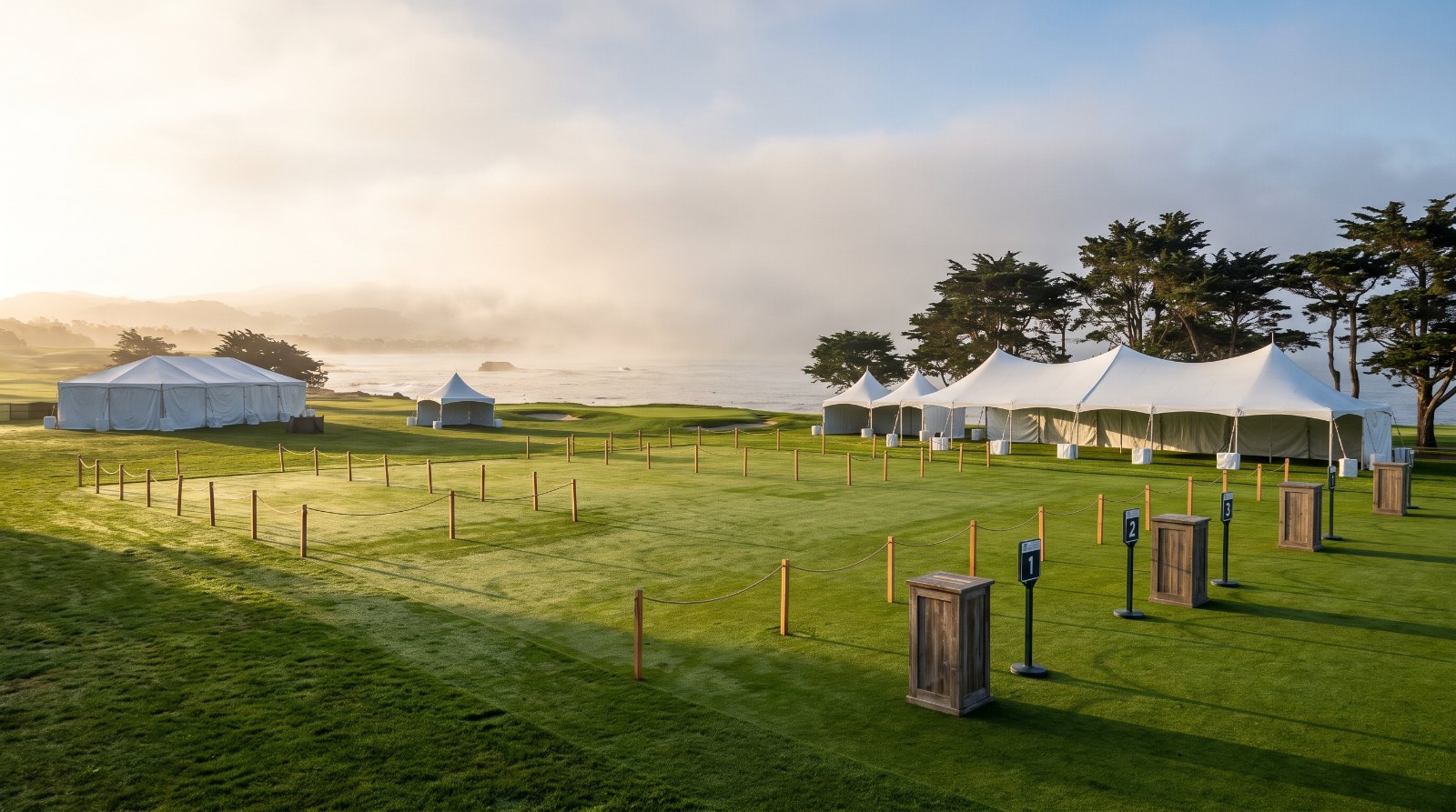 Coastal concours lawn at dawn with marquees, roped display areas and empty plinths before an event