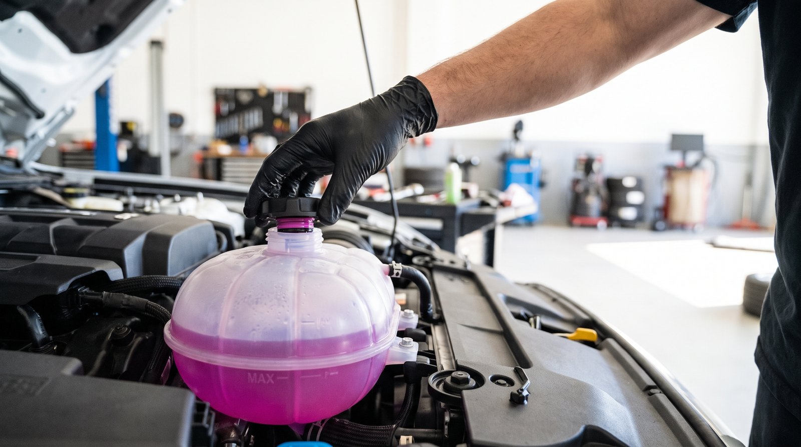 Technician checking the coolant expansion tank on a performance car