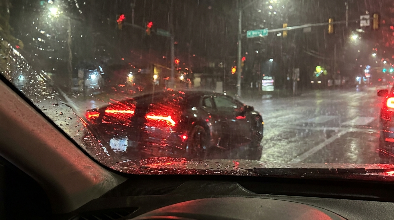 Daily drivable supercars in real conditions — a rainy city commute seen through a windscreen