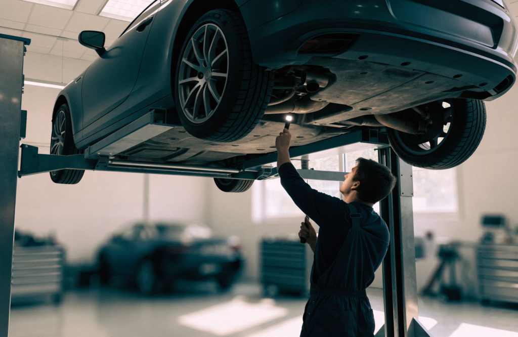 Technician inspecting a car underbody on a two-post lift, an essential step when buying exotic cars under 150k