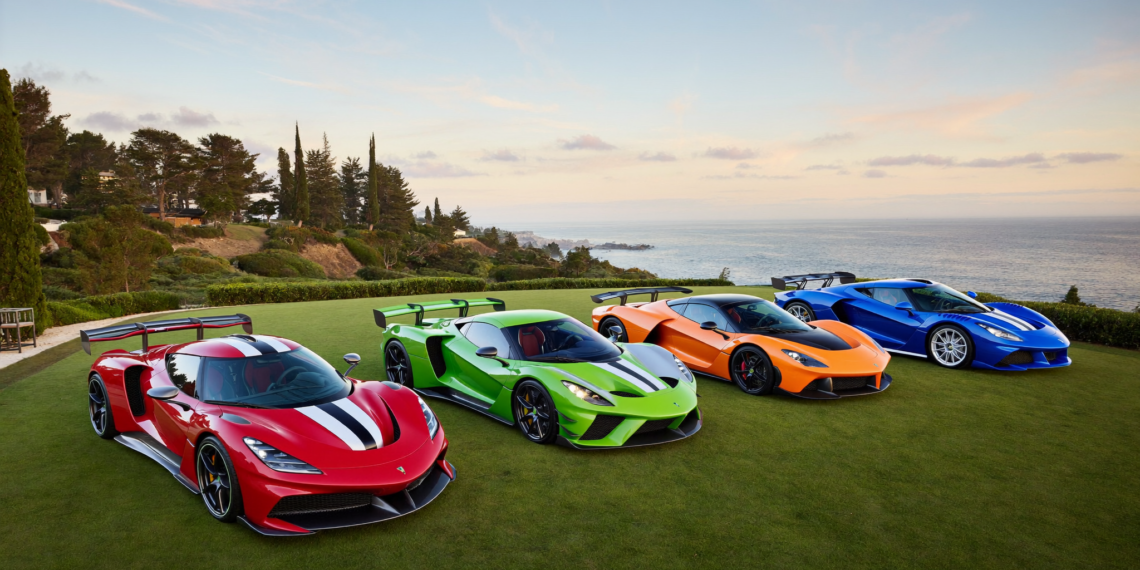 Lineup of exotic supercars at a golden-hour concours event, illustrating the booming 2025-2026 luxury and exotic vehicle marketplace