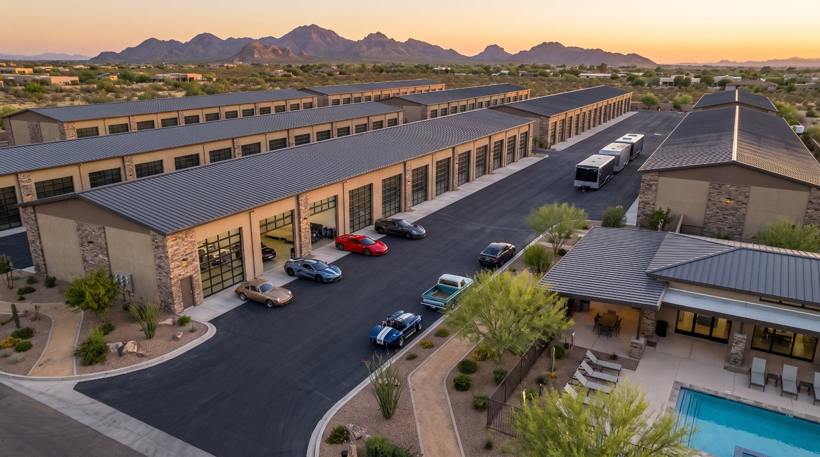 Aerial view of a Sun Belt garage condo development at golden hour with rows of units, drive aisles and collector cars