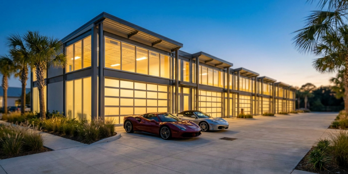 Row of garage condo units at dusk with exotic cars parked outside