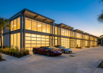 Row of garage condo units at dusk with exotic cars parked outside