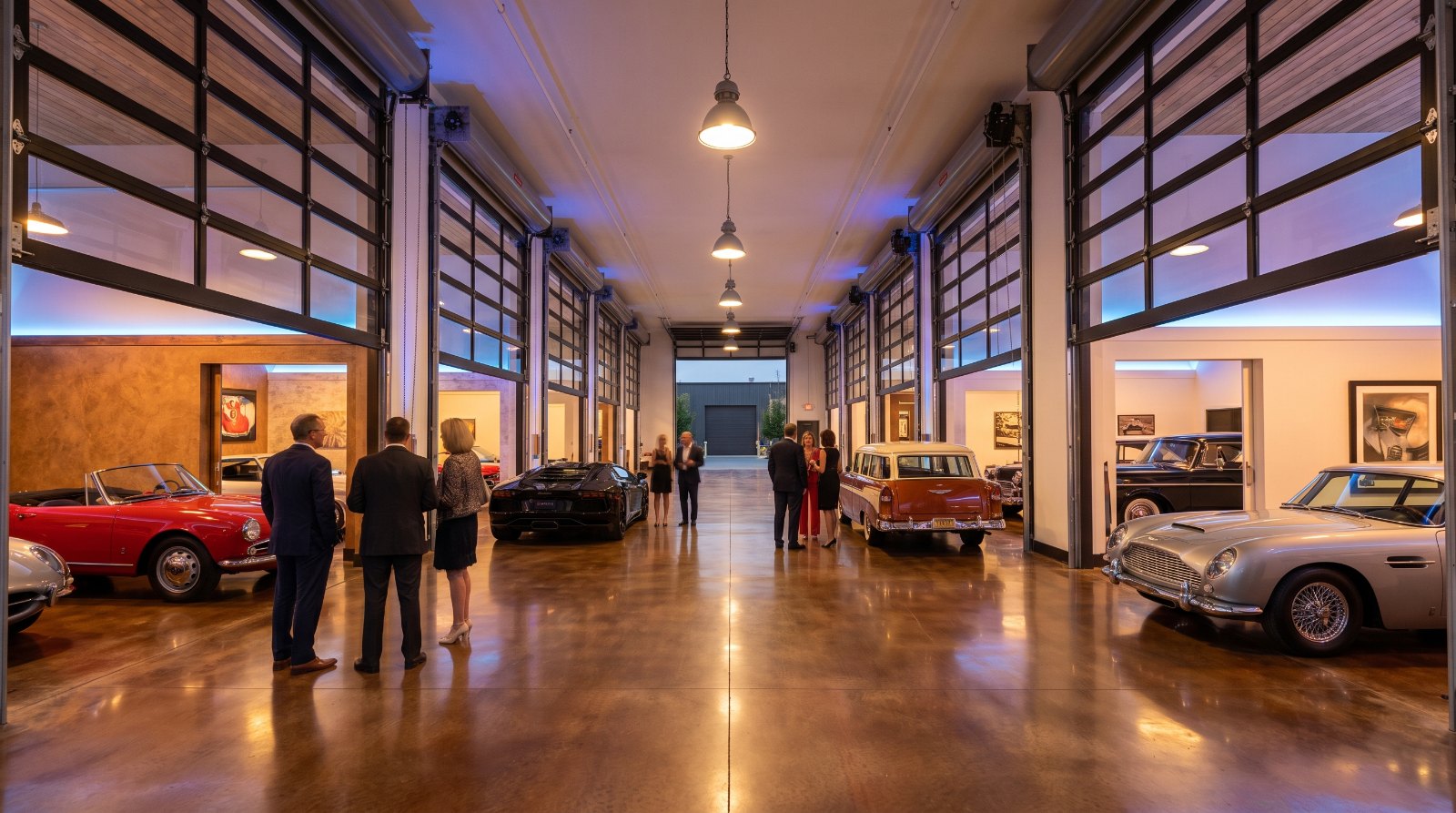 Collector cars parked along the lit interior drive aisle of a garage condo building during an evening owners event