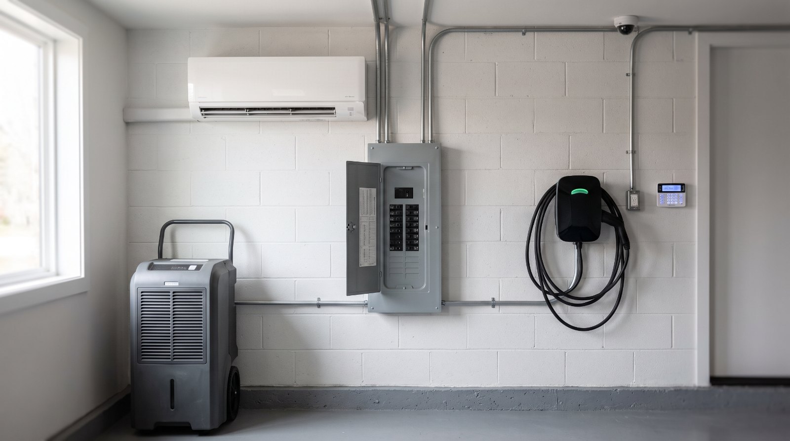 Mini-split HVAC head, dehumidifier, electrical subpanel, EV charger and security keypad on a garage condo systems wall