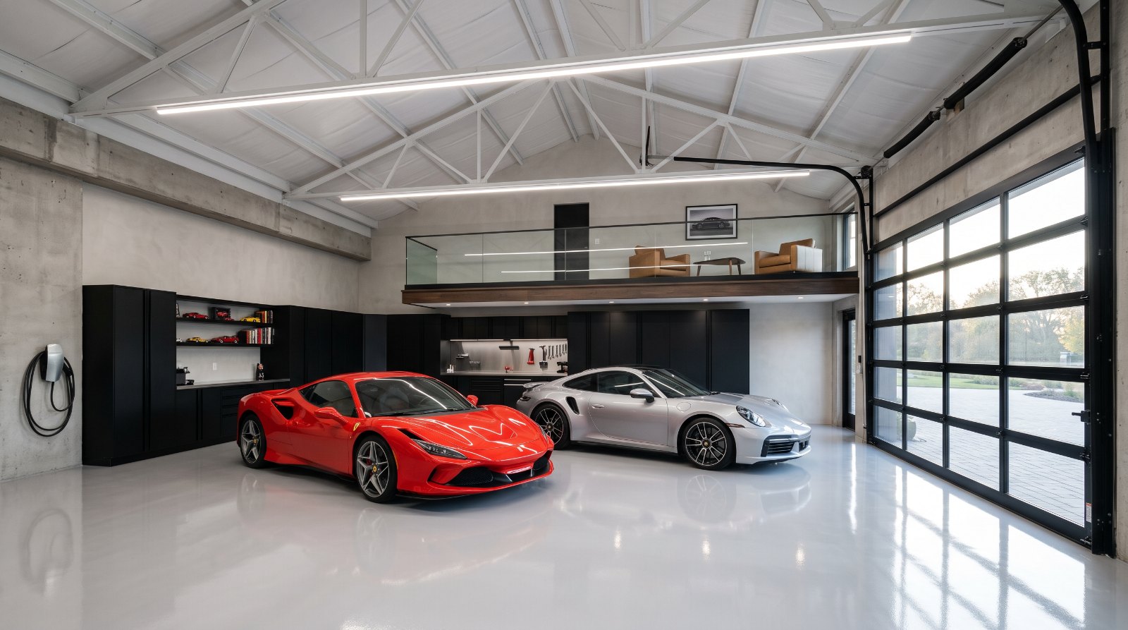 Two supercars parked inside a private garage condo suite with a 20-foot ceiling and finished mezzanine lounge